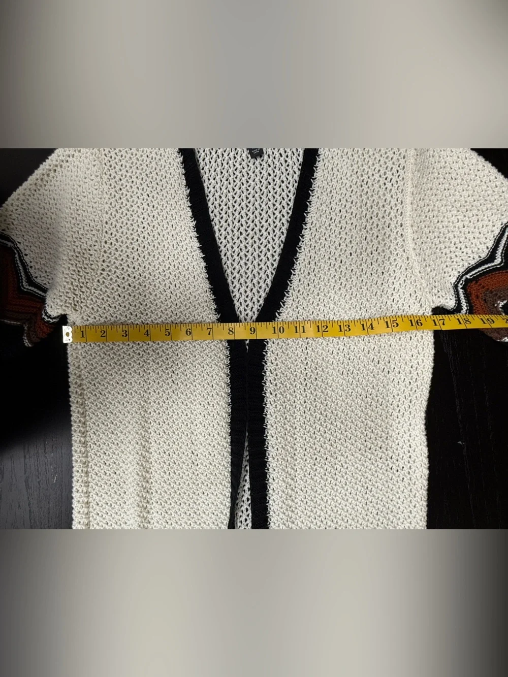 Long Open Knit Cardigan with Zig Zag Contrast Trim